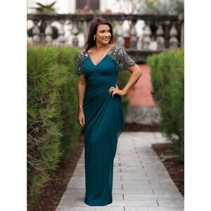 Xscape Deep Teal Maxi Dress with Beaded Sleeves